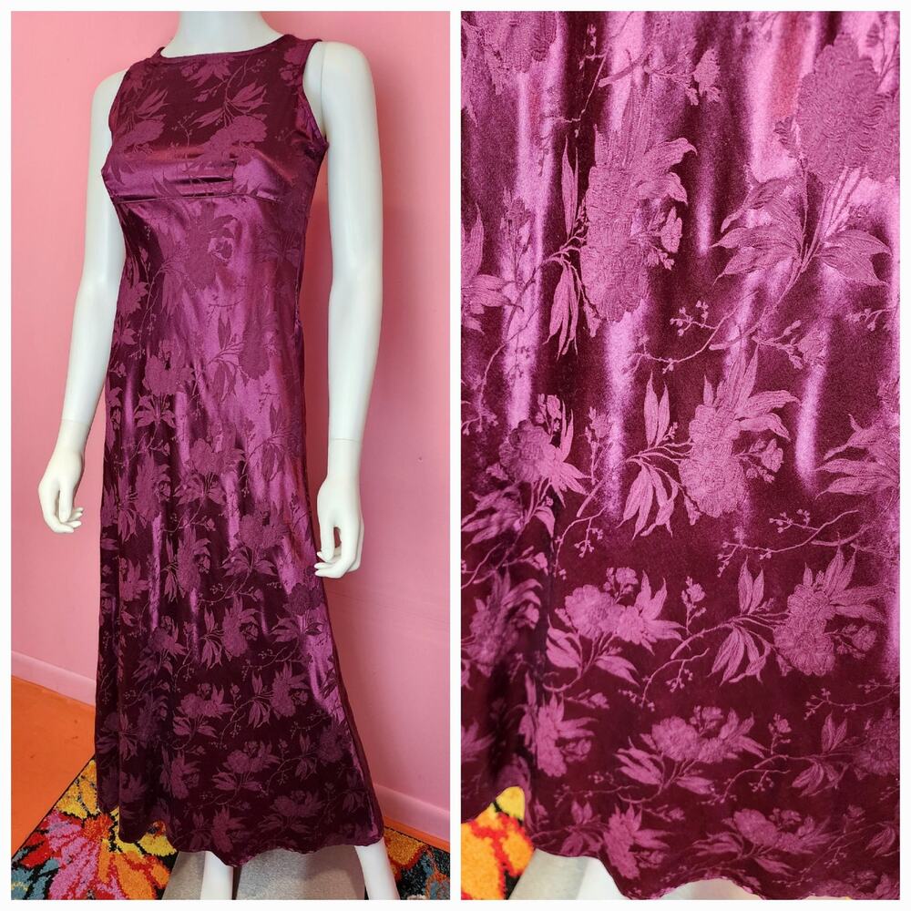 XXS Vintage 1990's Burgundy Jacquard Satin Maxi Dress Evening Gown All That Jazz